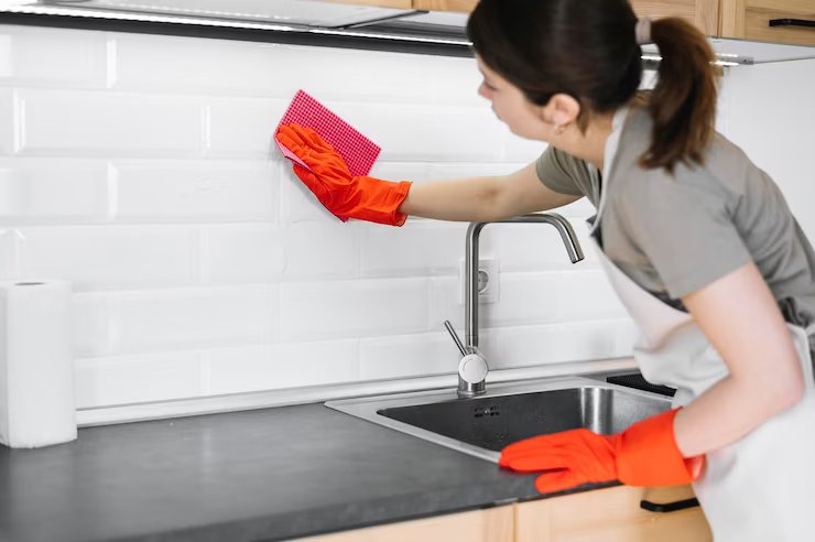 Cleaning the sink wall.